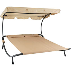 Garden Poolside Double Chaise Lounge Courtyard Beach Hammock Bed with Adjustable Canopy and Headrest Pillow for Sun Room