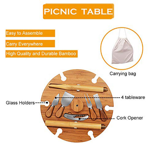Wine Picnic Table for Camping Beach Dining Use Low Portable Table, Bamboo with Cutlery Set